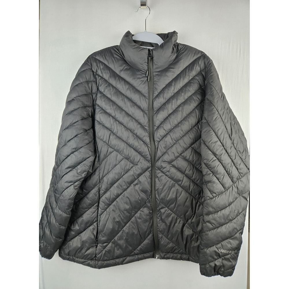 Lands End Womens Black Chevron Quilted Puffer Jacket Full Zip Size Large